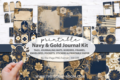 Printable Junk Journal Paper Craft Kit: Navy Blue and Gold digital papers, tags, stickers, fussy cut, ephemera, embellishments