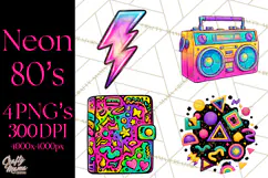 Neon 80s Clipart PNG, Retro Sticker Art & Sayings Product Image 1