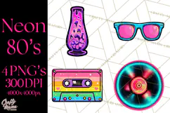 Neon 80s Clipart PNG, Retro Sticker Art & Sayings Product Image 1