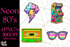 Neon 80s Clipart PNG, Retro Sticker Art & Sayings Product Image 1