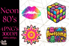 Neon 80s Clipart PNG, Retro Sticker Art & Sayings Product Image 1