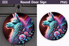 Neon Lama Round Sign | Farm Animal Floral Door Decor Product Image 1