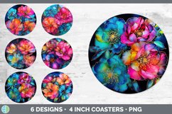 Bundle of six Alcohol Ink Camellias Round Coaster designs.