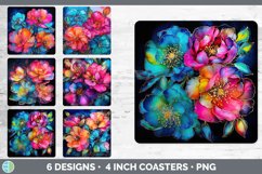 Bundle of six Alcohol Ink Camellias Square Coaster designs.