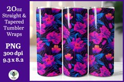 Pink and purple neon flowers being shown as a 20oz skinny tumbler design