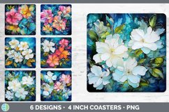 Bundle of six Alcohol Ink Gardenias Square Coaster designs.