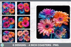 Bundle of six Alcohol Ink Gerbera Daisys Square Coaster designs.