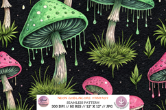 neon goblincore fantasy, glowing electric art, gritty surreal background, toxic mushroom design, bioluminescent neon pattern, fantasy goblincore aesthetic, streetwear neon graphic, alt fashion artwork, dark moss texture, edgy electric design, goblincore s