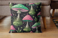 neon mushroom goblincore, bioluminescent electric design, gritty urban background, toxic mushroom paper, cyberpunk aesthetic art, glowing circuit pattern, streetwear design print, alt fashion merch, dark concrete texture, electric slime art
