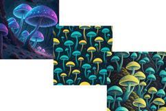 neon mushroom goblincore, bioluminescent electric design, gritty urban background, toxic mushroom paper, cyberpunk aesthetic art, glowing circuit pattern, streetwear design print, alt fashion merch, dark concrete texture, electric slime art