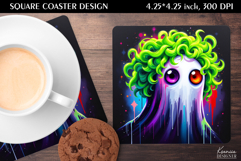 Neon Iridescent Ghost | Halloween Square Coaster Design Product Image 1