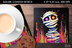 Funny Mummy| Neon Iridescent Halloween Square Coaster Design Product Image 1