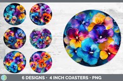 Bundle of six Alcohol Ink Pansies Round Coaster designs.