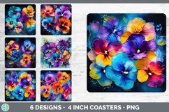Bundle of six Alcohol Ink Pansies Square Coaster designs.