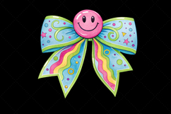 neon retro bow, smiley coquette bow, vibrant bow design, retro smiley clipart, digital bow design, glowing neon bow, smiley bow art, neon vintage design, coquette bow art, smiley sublimation design