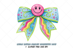 neon retro bow, smiley coquette bow, vibrant bow design, retro smiley clipart, digital bow design, glowing neon bow, smiley bow art, neon vintage design, coquette bow art, smiley sublimation design