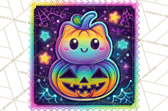 Neon Halloween Clipart Postage Stamps, Cute Spooky PNGs Product Image 3