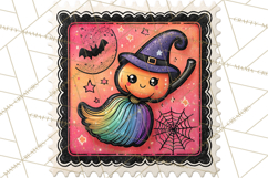 Neon Halloween Clipart Postage Stamps, Cute Spooky PNGs Product Image 5