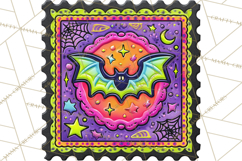 Neon Halloween Clipart Postage Stamps, Cute Spooky PNGs Product Image 4