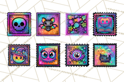 Neon Halloween Clipart Postage Stamps, Cute Spooky PNGs Product Image 6