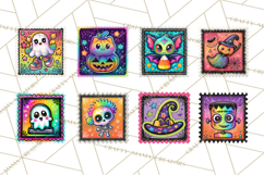 Neon Halloween Clipart Postage Stamps, Cute Spooky PNGs Product Image 3