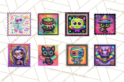 Neon Halloween Clipart Postage Stamps, Cute Spooky PNGs Product Image 2