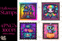Neon Halloween Clipart Postage Stamps, Cute Spooky PNGs Product Image 1