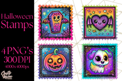 Neon Halloween Clipart Postage Stamps, Cute Spooky PNGs Product Image 1