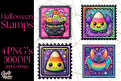 Neon Halloween Clipart Postage Stamps, Cute Spooky PNGs Product Image 1