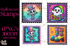 Neon Halloween Clipart Postage Stamps, Cute Spooky PNGs Product Image 1