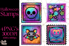 Neon Halloween Clipart Postage Stamps, Cute Spooky PNGs Product Image 1