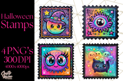 Neon Halloween Clipart Postage Stamps, Cute Spooky PNGs Product Image 1