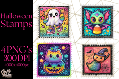 Neon Halloween Clipart Postage Stamps, Cute Spooky PNGs Product Image 1