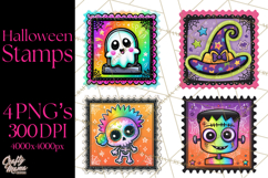 Neon Halloween Clipart Postage Stamps, Cute Spooky PNGs Product Image 1