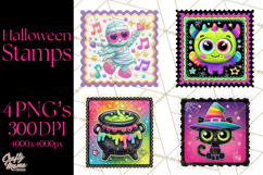 Neon Halloween Clipart Postage Stamps, Cute Spooky PNGs Product Image 1