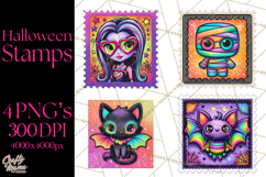 Neon Halloween Clipart Postage Stamps, Cute Spooky PNGs Product Image 1