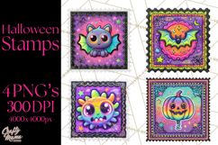 Neon Halloween Clipart Postage Stamps, Cute Spooky PNGs Product Image 1