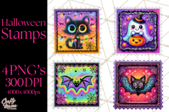 Neon Halloween Clipart Postage Stamps, Cute Spooky PNGs Product Image 1