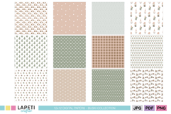 Collection of 12 neutral Christmas digital papers with rustic textures, gnomes, trees, plaid, and gift illustrations in beige and sage tones.