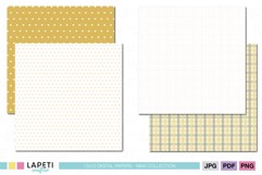 Festive scrapbook papers with small polka dots and pastel star patterns in warm tones