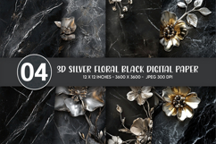 3D Silver Floral Black Digital Paper Product Image 1