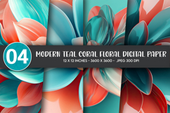 Modern Teal Coral Floral Digital Paper Product Image 1