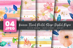 Unicorn Floral Pastel Stripe Digital Paper Product Image 1