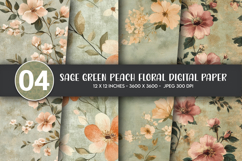 Sage Green Peach Floral Digital Paper Product Image 1