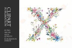 Watercolor floral letter X clipart sublimation png Product Image 1