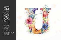 Watercolor floral letter U clipart sublimation png Product Image 1