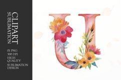 Watercolor floral letter U clipart sublimation png Product Image 1