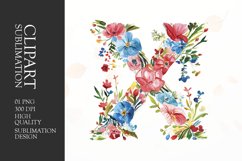 Watercolor floral letter X clipart sublimation png Product Image 1