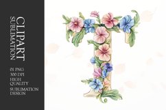Watercolor floral letter T clipart sublimation png Product Image 1