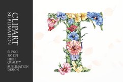 Watercolor floral letter T clipart sublimation png Product Image 1